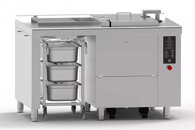 Фритюрница электрическая Abat ЭФК-35Л с автоподъемом корзины, 530x325x150 мм, 1413х911х964 мм, 400В, вся нерж.